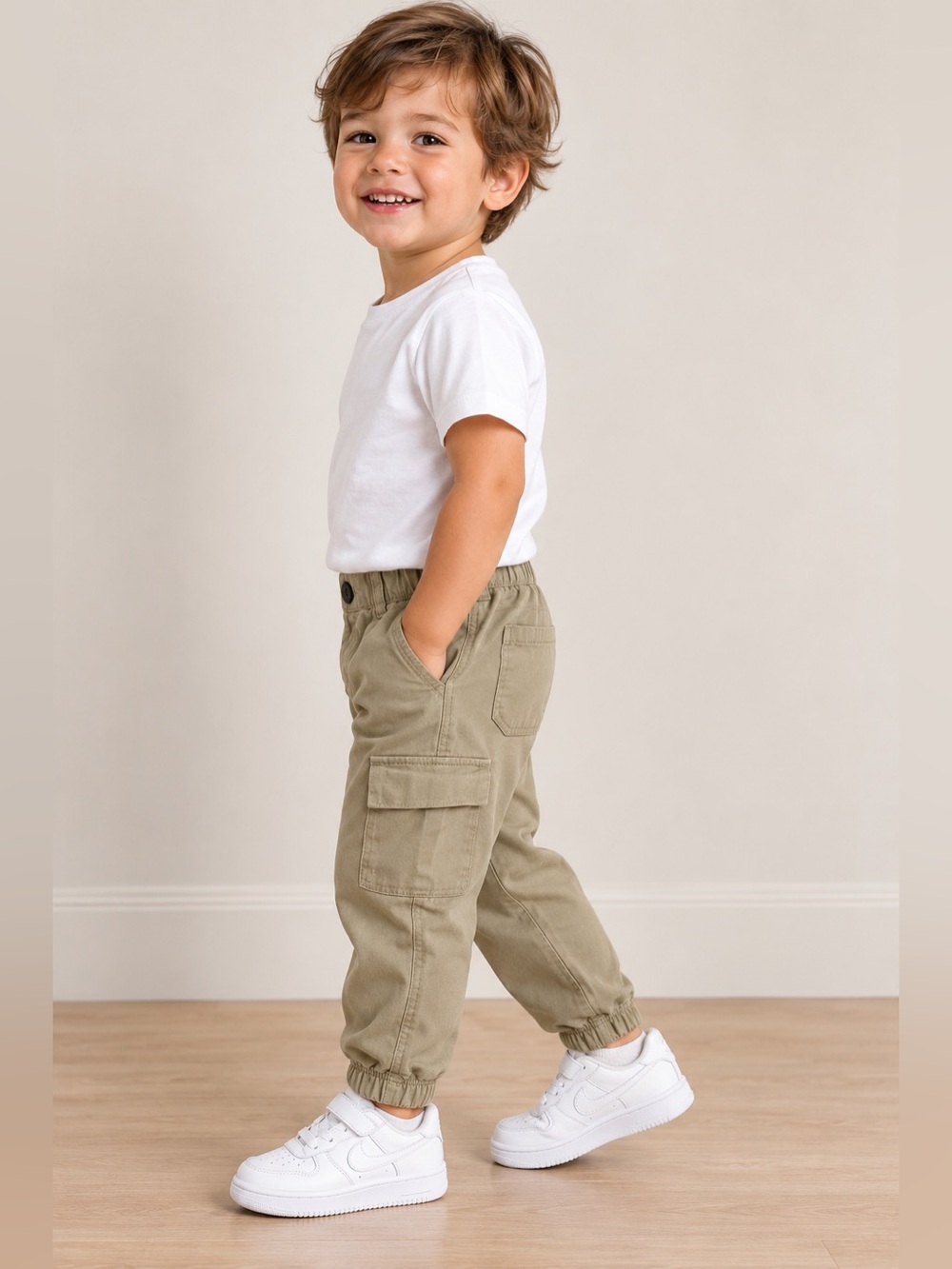 Zara Kids 2–3Y Beige Khaki Cargo Jogger Pants Elastic Waist & Cuffs